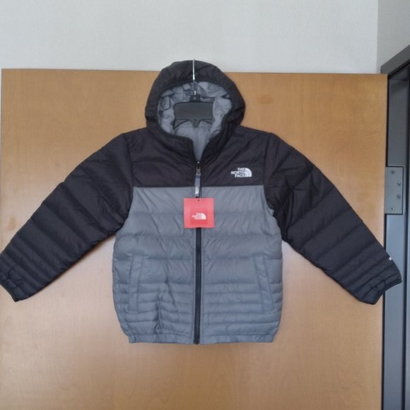 🆕 The North Face Boys Reversible Reese Hooded Down Jacket, X-Small - Mid Grey - Picture 1 of 11